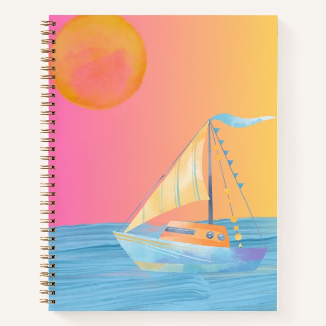 Colourful Sun Moon Ocean Sailing Boat Notebook (Front)