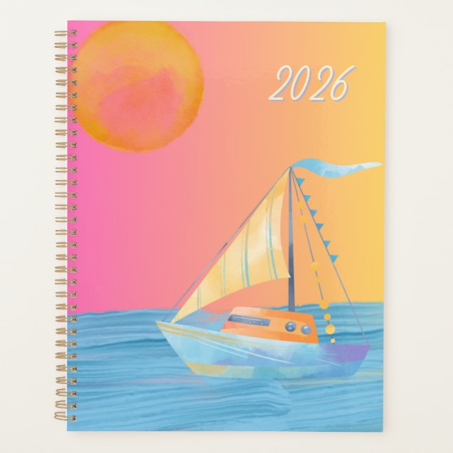 Colourful Sun Moon Ocean Sailing Boat Planner (Front)