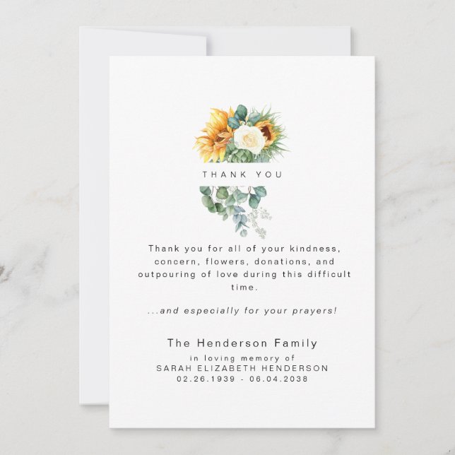 Colourful Sunflower Bereavement Funeral IIThank Yo Thank You Card (Front)