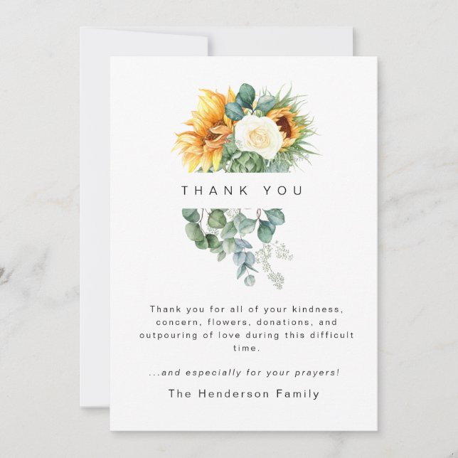 Colourful Sunflower Bereavement Funeral Thank You Card (Front)