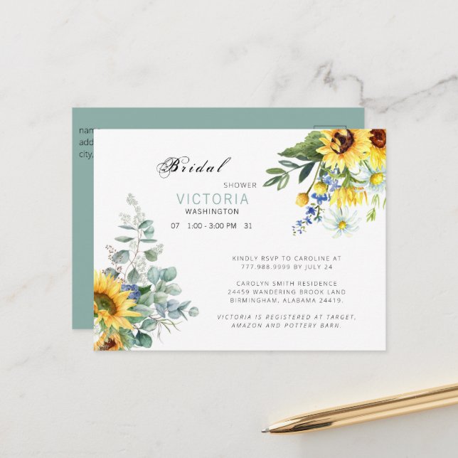 Colourful Sunflower Bridal Shower Announcement Postcard (Front/Back In Situ)