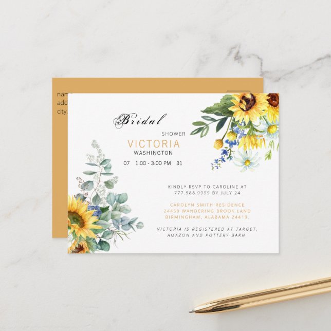Colourful Sunflower Floral Bridal Shower  Announcement Postcard (Front/Back In Situ)