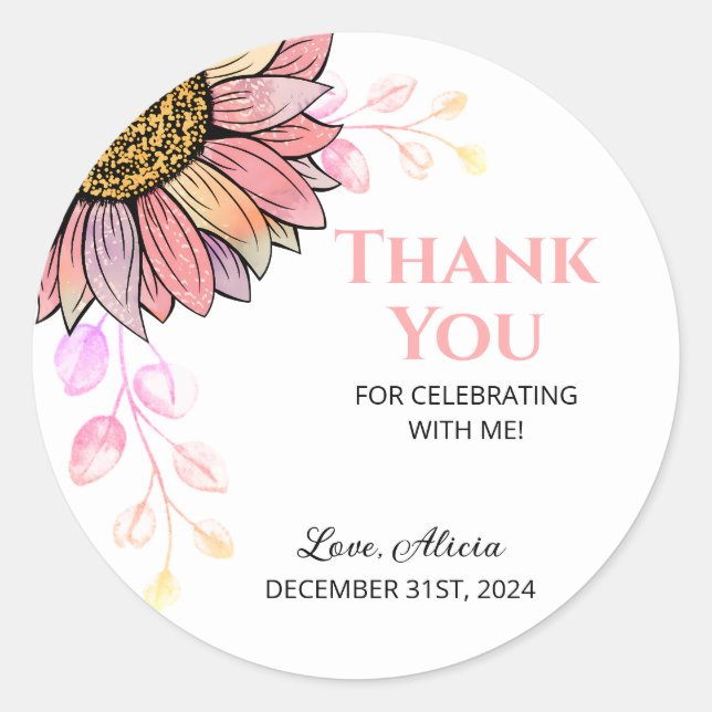 Colourful Sunflower Floral Peach Leaf Birthday  Classic Round Sticker (Front)