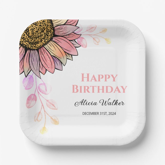 Colourful Sunflower Floral Peach Leaf Birthday  Paper Plate (Front)