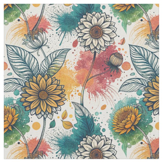 Colourful Sunflower Paint Splatter Artwork Pattern Fabric (Close Up)