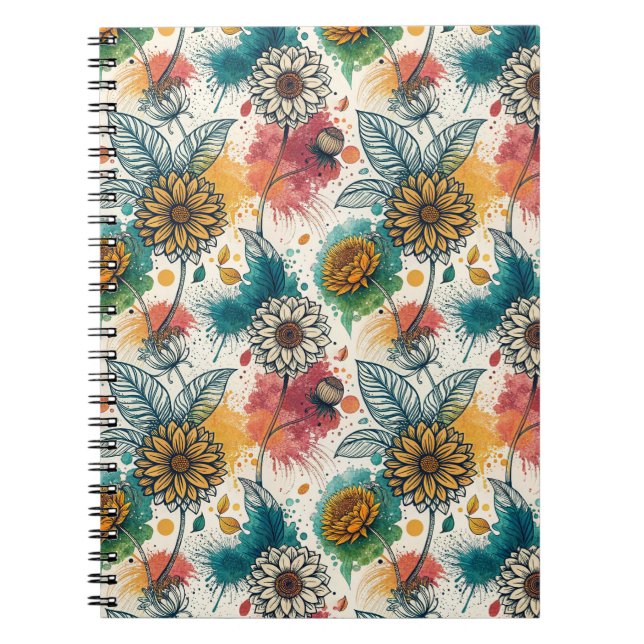 Colourful Sunflower Paint Splatter Artwork Pattern Notebook (Front)