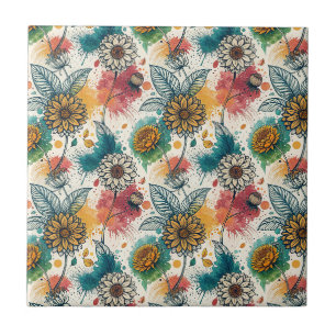 Colourful Sunflower Paint Splatter Artwork Pattern Tile