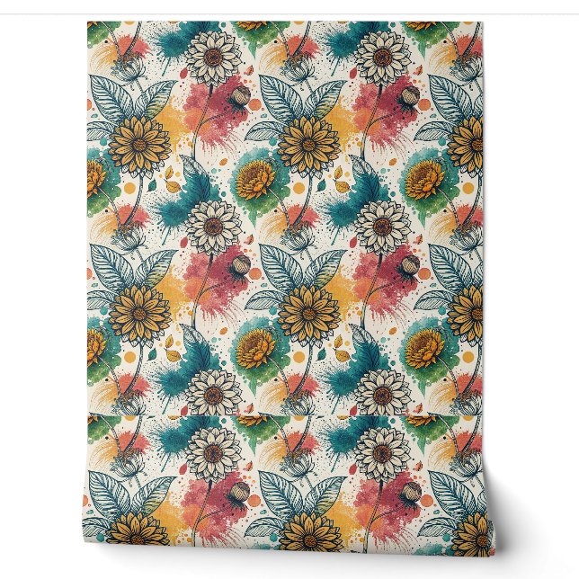 Colourful Sunflower Paint Splatter Artwork Pattern Wallpaper (Unrolling)