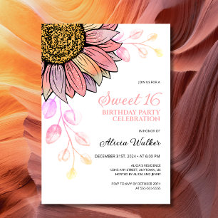 Colourful Sunflower Peach Leaf 16th Birthday  Invitation
