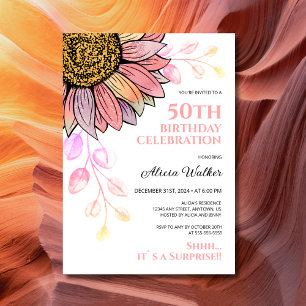 Colourful Sunflower Peach Leaf Surprise Birthday Invitation
