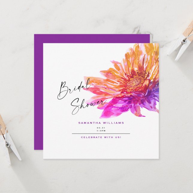 Colourful Sunflower Purple Bridal Shower Square  Invitation (Front/Back In Situ)