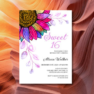 Colourful Sunflower Purple Leaf 16th Birthday Invitation