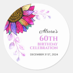 Colourful Sunflower Purple Leaf Birthday  Classic Round Sticker