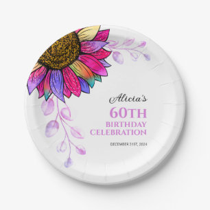 Colourful Sunflower Purple Leaf Birthday  Paper Plate