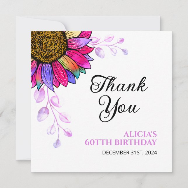 Colourful Sunflower Purple Leaf Birthday Thank You Card (Front)