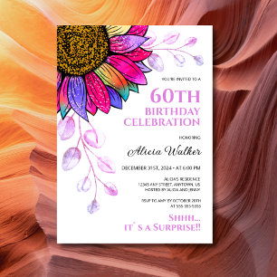 Colourful Sunflower Purple Leaf Surprise Birthday Invitation