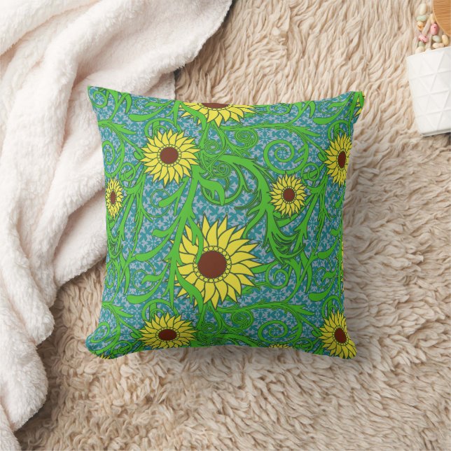 Colourful Sunflowers Floral Illustration Cushion (Blanket)