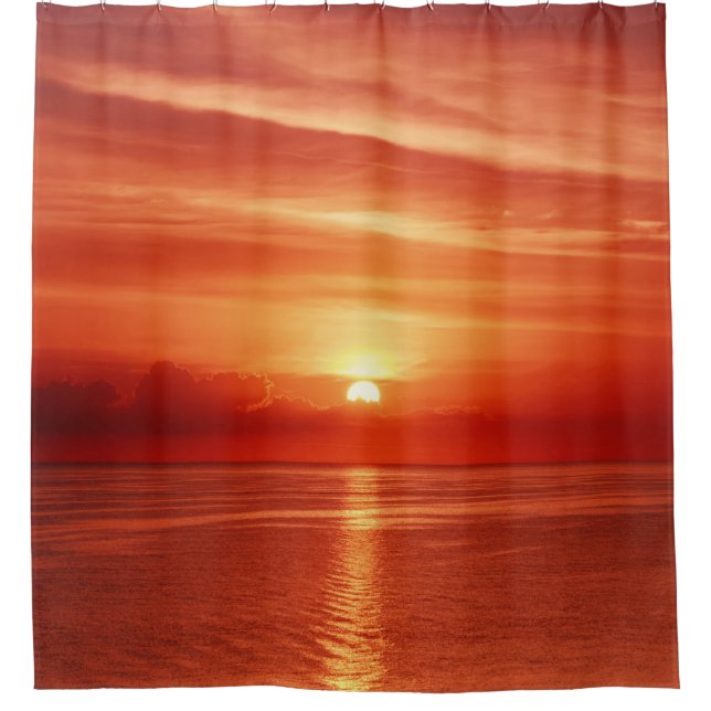Colourful sunrise at sea, dramatic clouds. shower curtain (Front)
