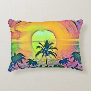 Colourful Sunset at the Beach Watercolor Painting Decorative Cushion