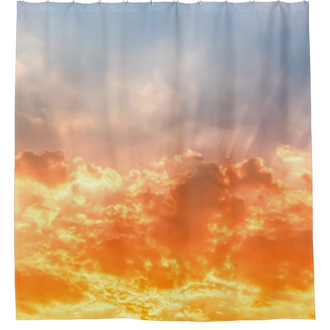 Colourful sunset: fiery sky twilight. shower curtain (Front)