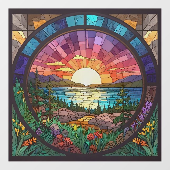 Colourful Sunset Landscape Faux Stained Glass Window Cling (Sheet)