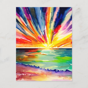 Colourful Sunset over the Ocean Watercolor Art Postcard