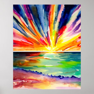 Colourful Sunset over the Ocean Watercolor Art Poster