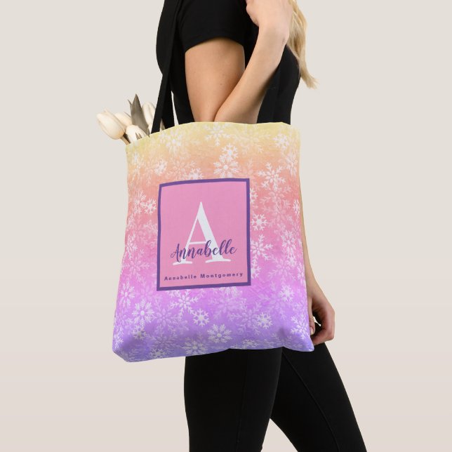 Colourful Sunset Snowflake Monogram Name Tote Bag (Close Up)