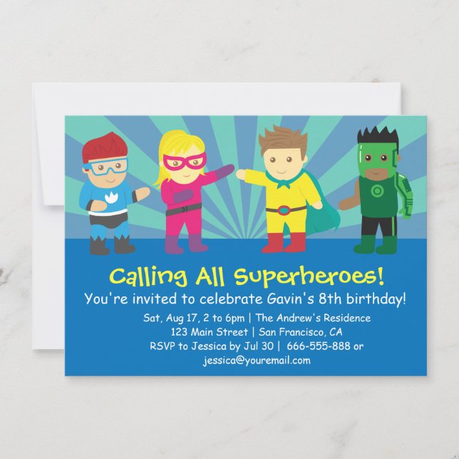 Colourful Superhero Birthday Party For Kids Invitation (Front)