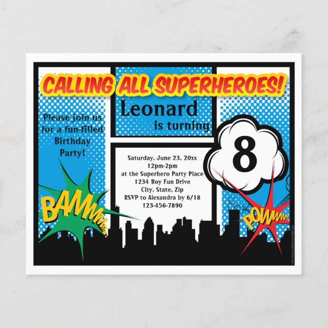 Colourful Superhero Comic Boy's Birthday Party (Front)