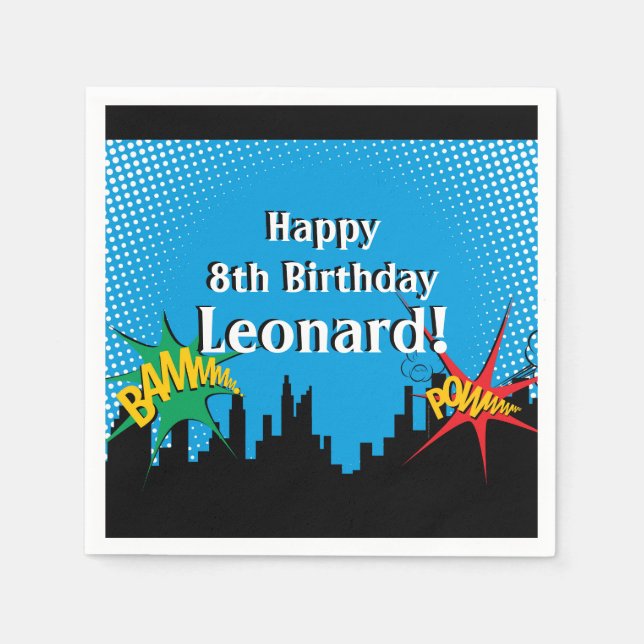 Colourful Superhero Comic Boy's Birthday Party Napkin (Front)