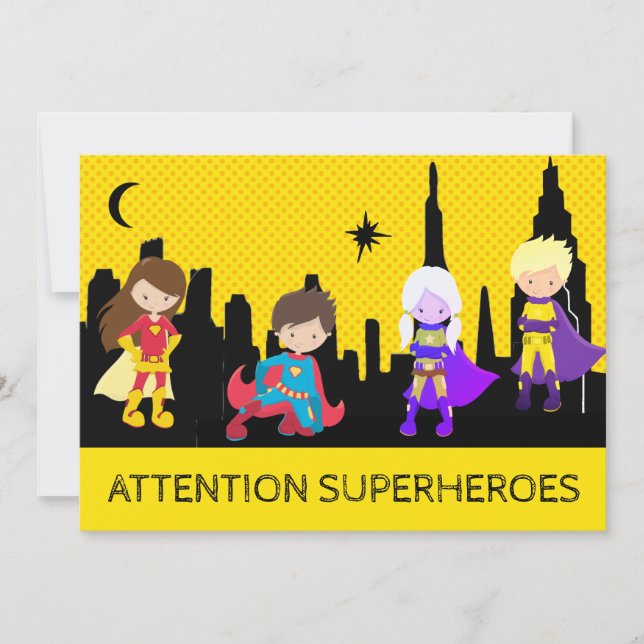 *~*  Colourful SUPERHEROS Kids Birthday Party Invitation (Front)