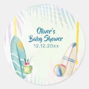 Colourful Surfboard Plam Beach Leaves Baby Shower Classic Round Sticker
