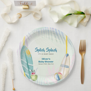 Colourful Surfboard Plam Beach Leaves Baby Shower Paper Plate