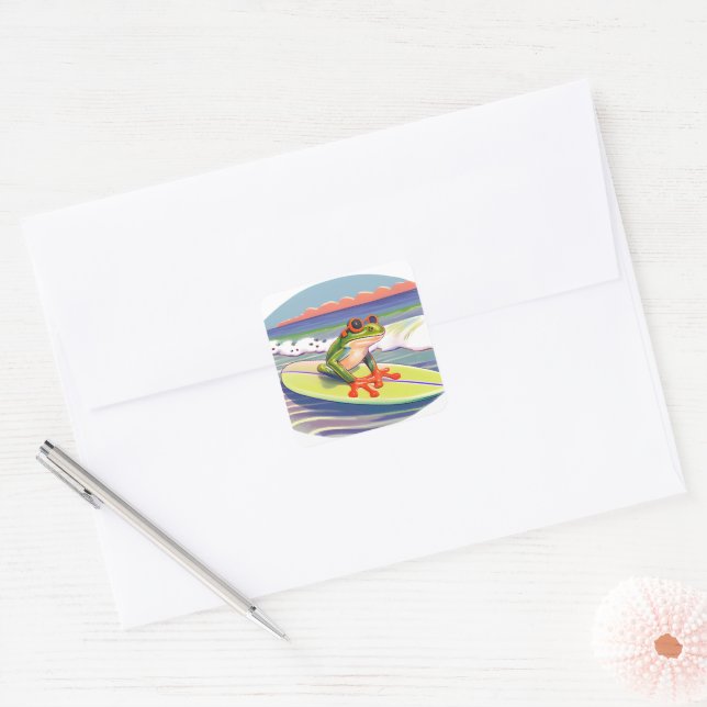 Colourful Surfing Frog Square Sticker (Envelope)