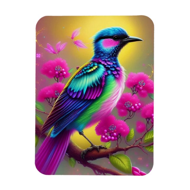 Colourful Surreal Bird Pink Flowers Magnet (Vertical)