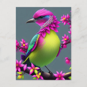 Colourful Surreal Pink Yellow Bird Postcard