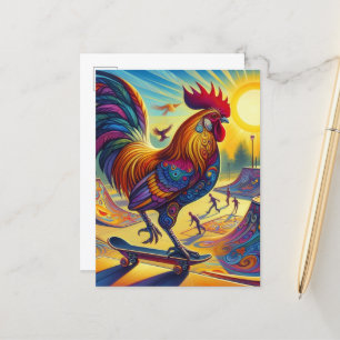 Colourful Surreal Skateboarding Rooster Postcard