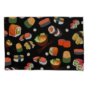 Colourful Sushi on Black Background Pillowcase