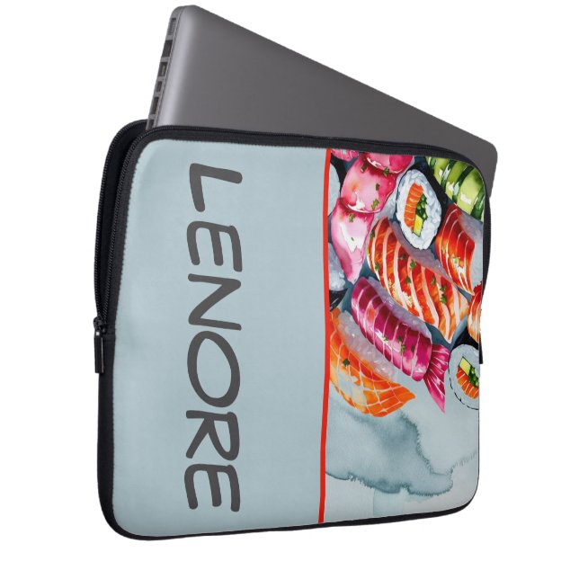 Colourful Sushi on Grey Monogram Name Laptop Sleeve (Front Right)