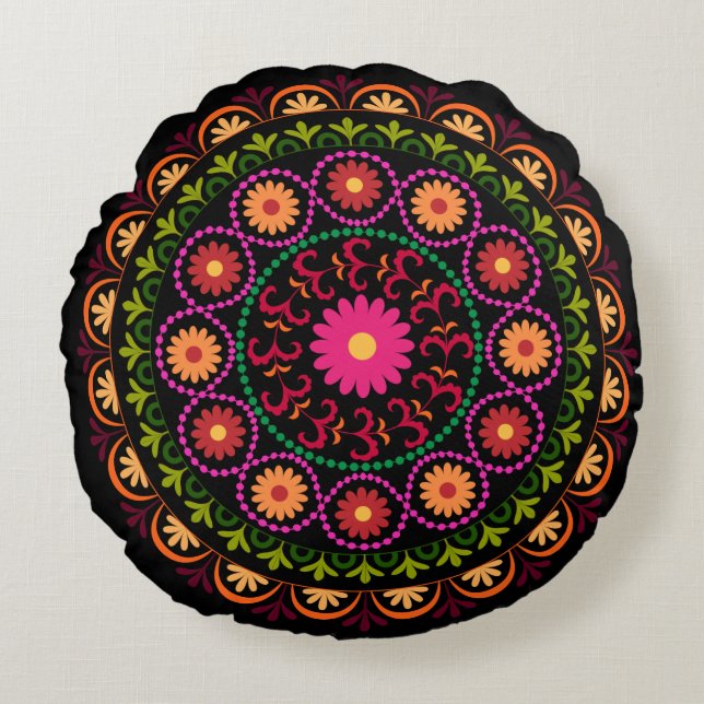 Colourful suzani floral design round pillow (Front)