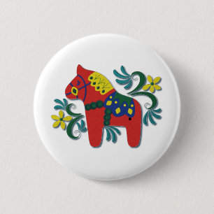 Colourful Swedish Dala Horse 6 Cm Round Badge