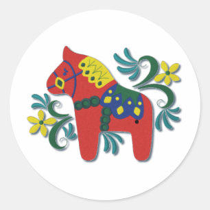 Colourful Swedish Dala Horse Classic Round Sticker