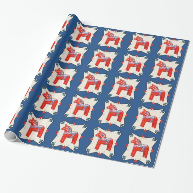 Colourful Swedish Dala Horse with Rosemaling Wrapping Paper (Unrolled)