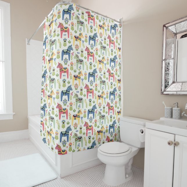 Colourful Swedish Dala Horses  Shower Curtain (In Situ)