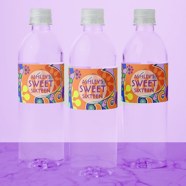 Colourful Sweet 16 Birthday  Water Bottle Label (Creator Uploaded)