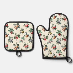 Colourful Sweet Botanical Vintage Fruit on White Oven Mitt & Pot Holder Set