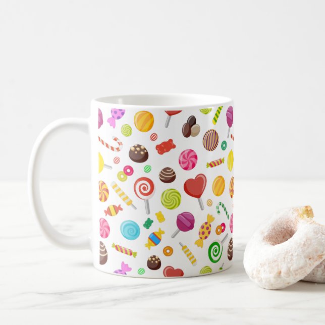 Colourful Sweet Candy Assortment Pattern Coffee Mug (With Donut)
