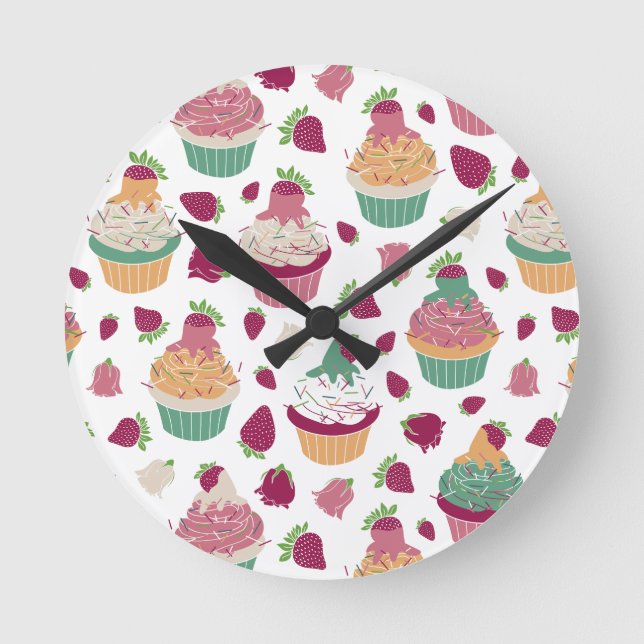 Colourful Sweet Cupcakes Pattern Monogram Name Round Clock (Front)