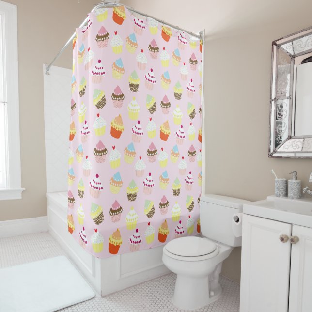 Colourful Sweet Cupcakes Pattern Shower Curtain (In Situ)